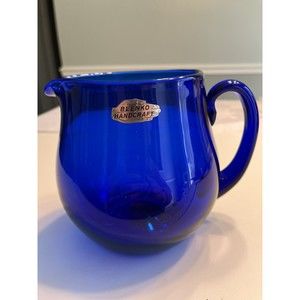 Vintage Blenko Cobalt Blue Pitcher Applied Handle Original Sticker